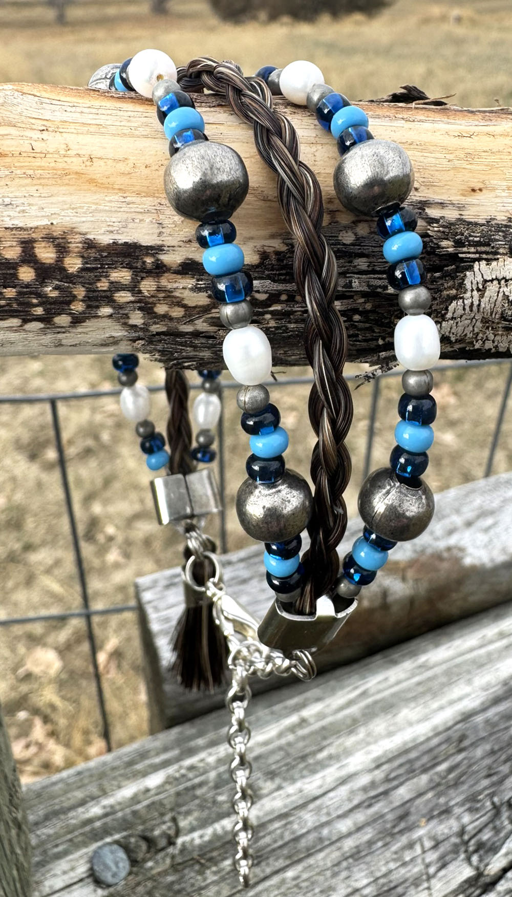 Blue Moon horsehair bracelet with a centerpiece bead and magnetic clasp