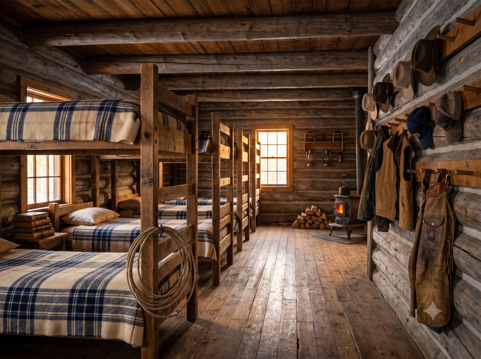 The long timber bunkhouse at Beargrass Ranch with a deep porch, set against the hay meadows and Montana mountains in evening light