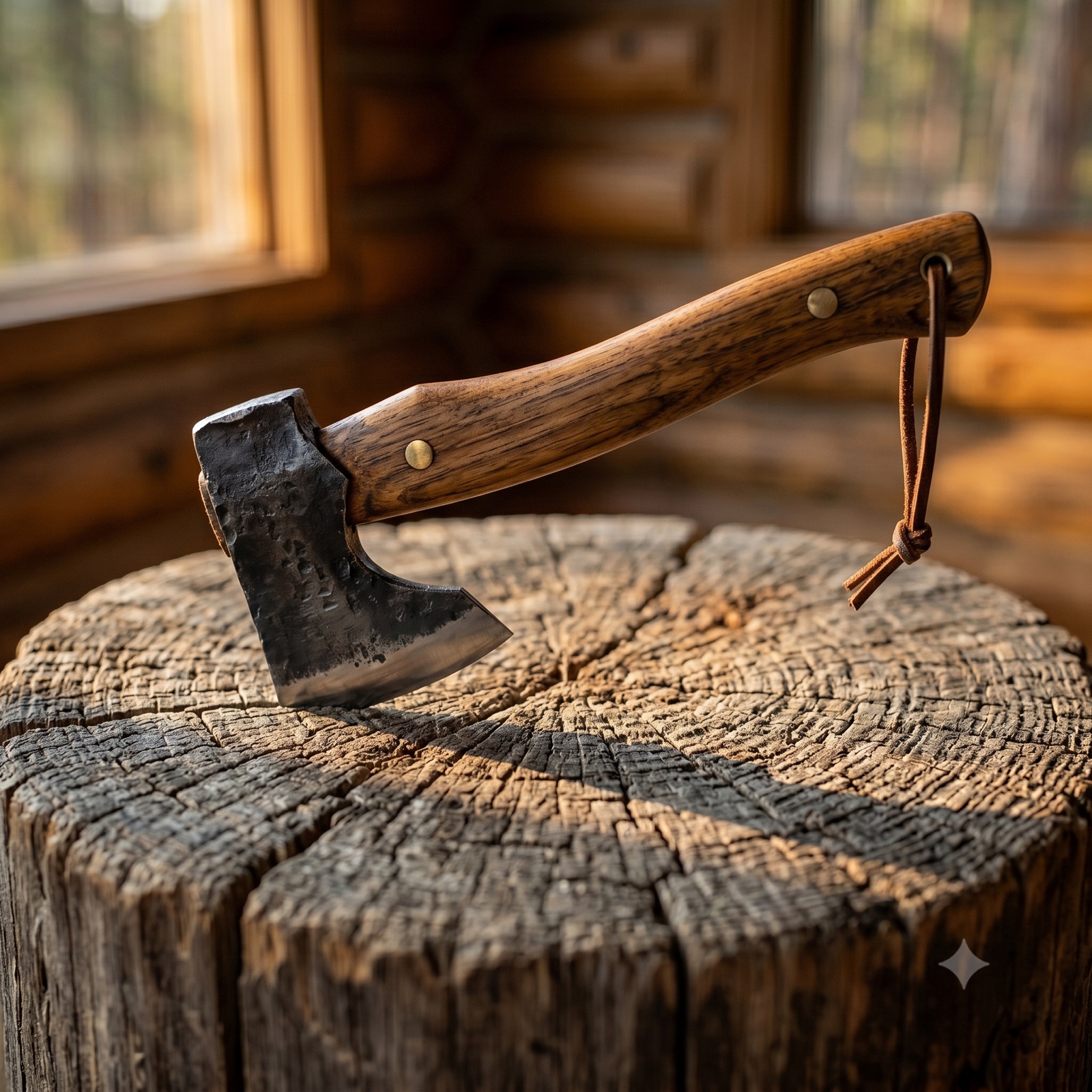 Hand-forged Camp Hatchet with a hickory haft leaning on a split-wood pile beside a Montana wall tent
