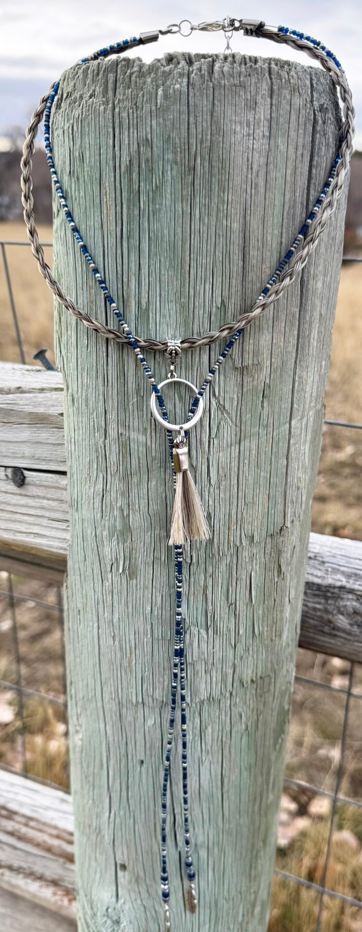 Long chambray-tone horsehair lariat necklace draped and knotted
