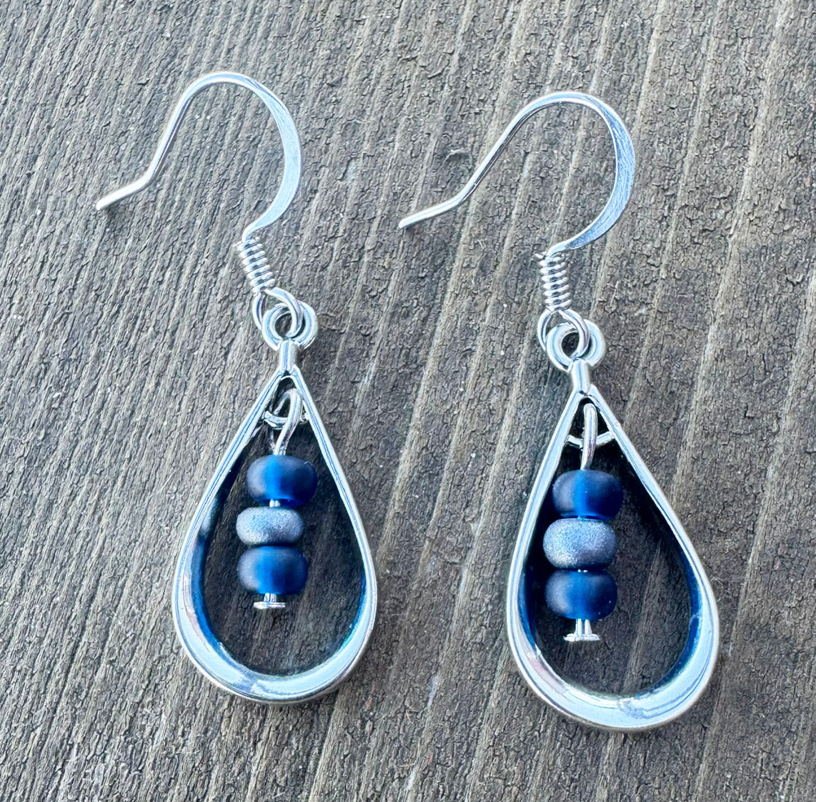 Chambray-tone horsehair tear-drop earrings on sterling silver ear wires