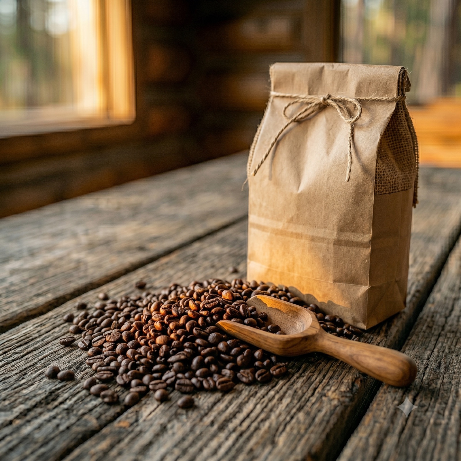 Hand-stamped bag of Beargrass Camp Coffee beside an enamel mug at a Montana wall-tent camp