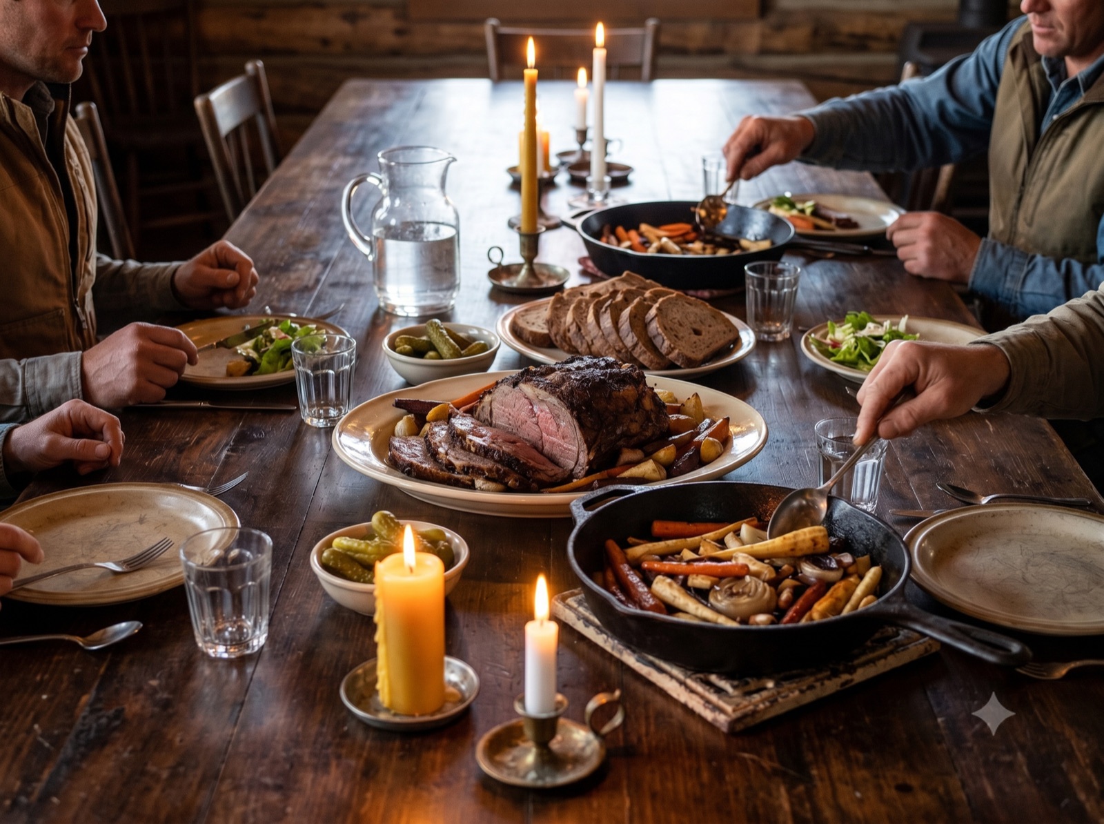 Platters of ranch-raised food passed down the long larch cookhouse table at Beargrass Ranch under lantern light
