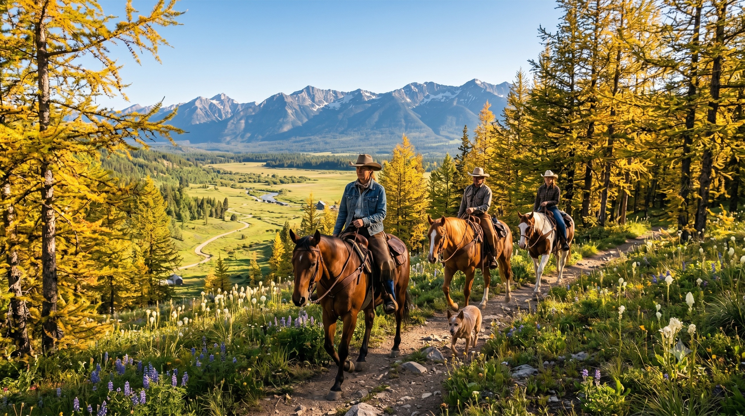 A string of riders heading out from the Beargrass Ranch corrals toward the Whitefish Range under a wide Montana sky