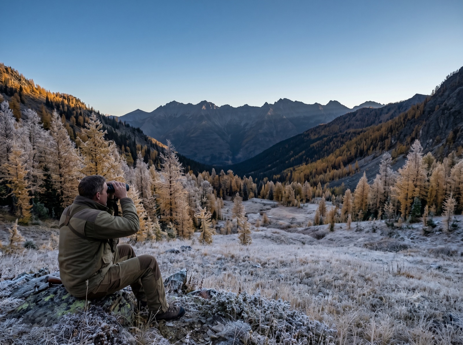 A hunter and guide on horseback crossing golden October larch timber along the Whitefish Range in Montana