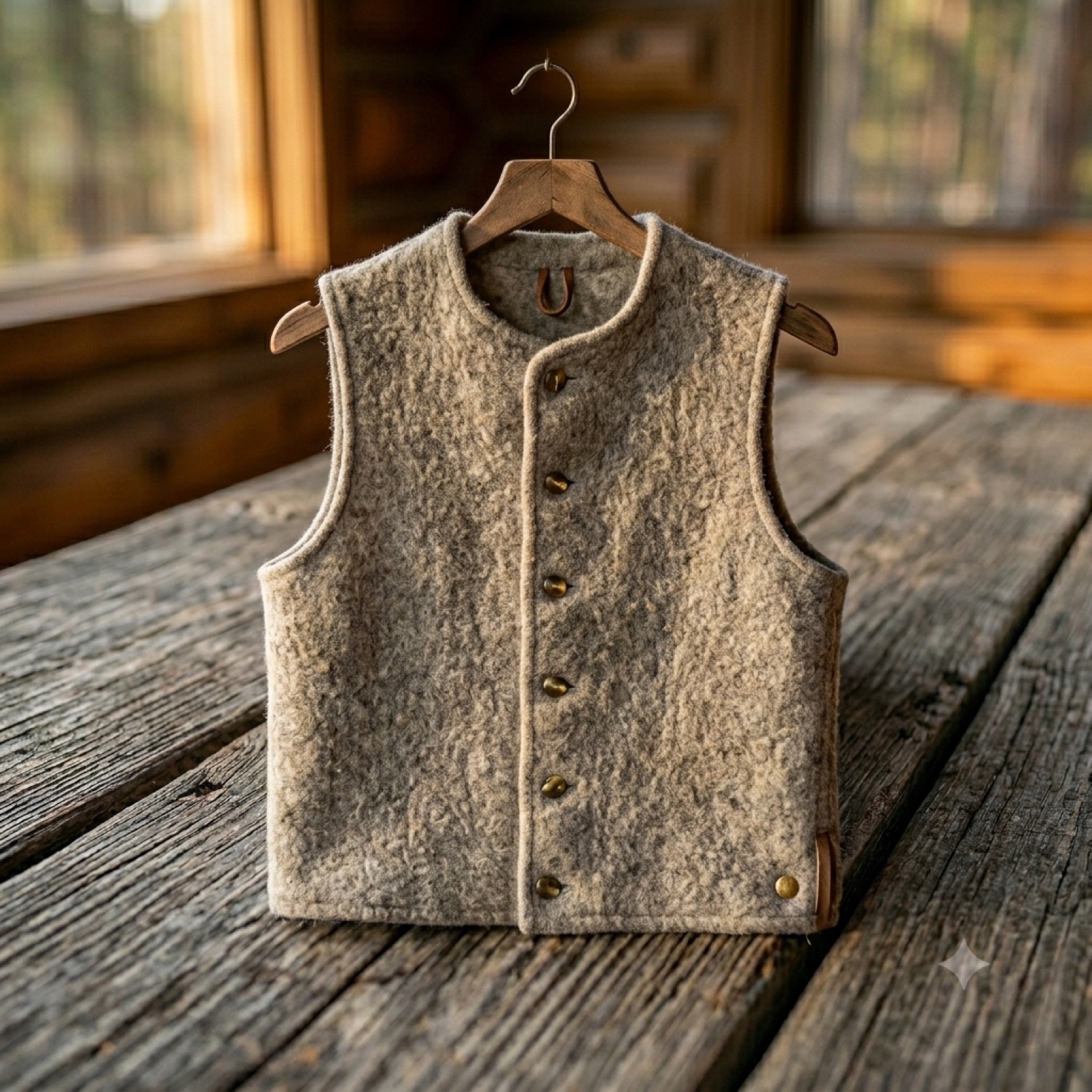 Natural felted-wool vest with horn buttons hanging on a barn peg at a Montana ranch