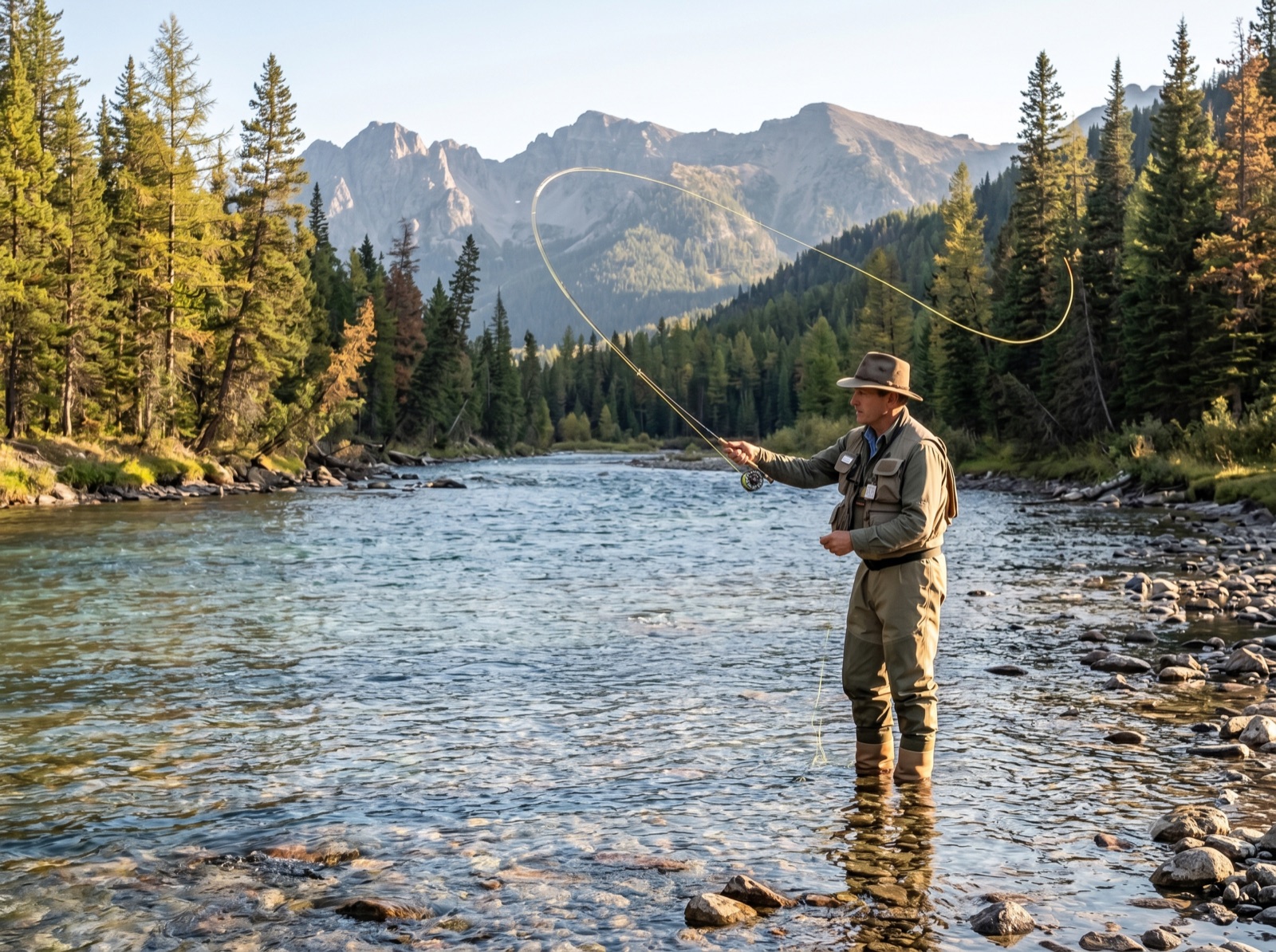 An angler casting a fly rod on the clear blue-green Flathead River below the mountains near Glacier National Park