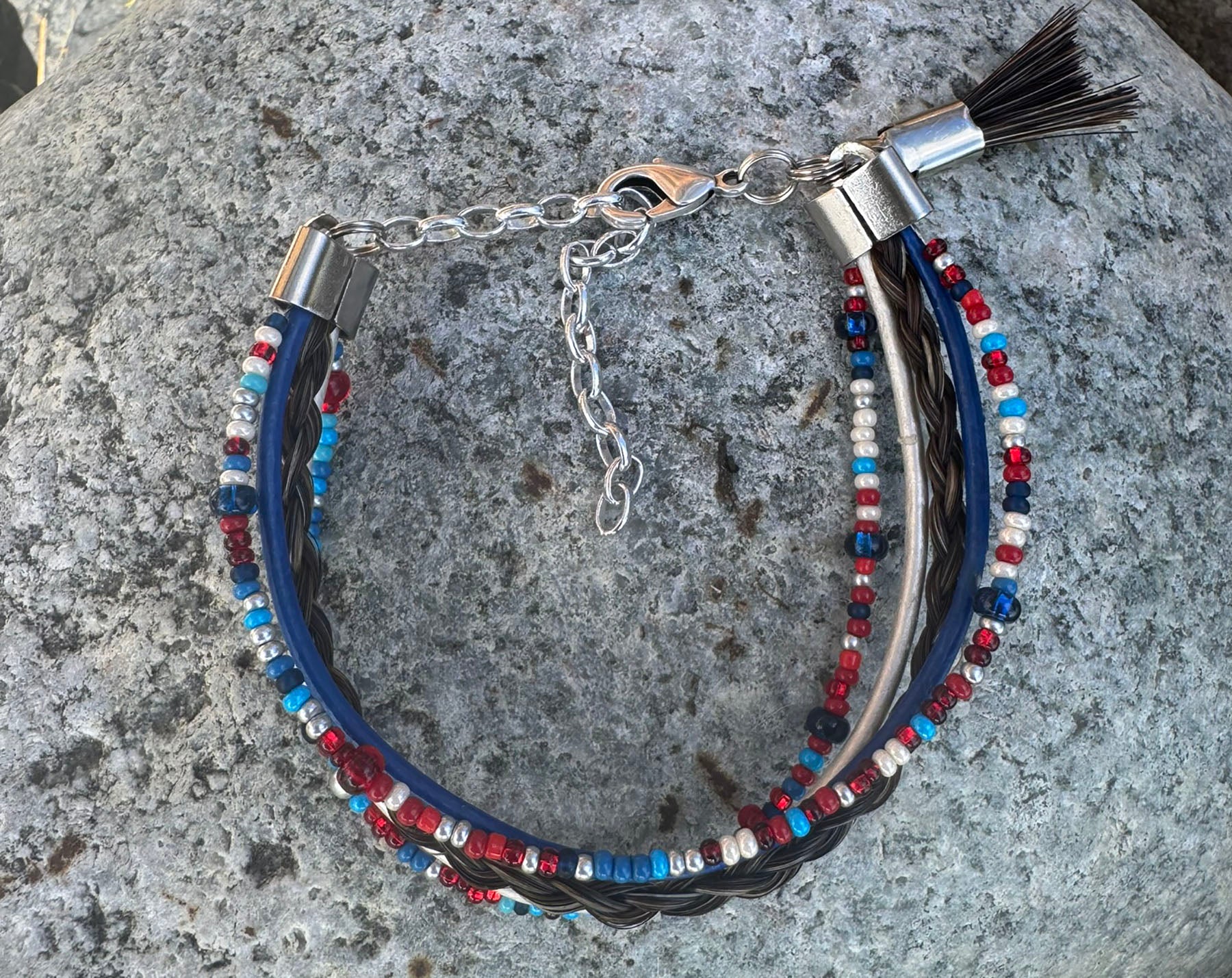 Red, white, and blue hand-braided horsehair Freedom bracelet