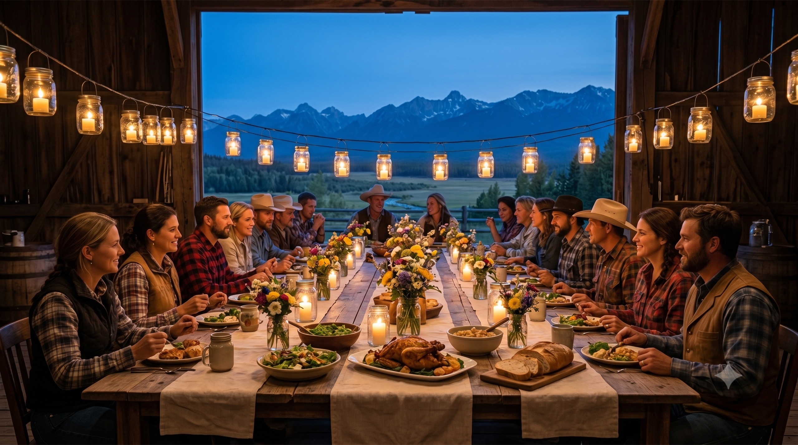 The long cookhouse table set for supper at Beargrass Ranch, evening light coming through the windows over the Flathead Valley