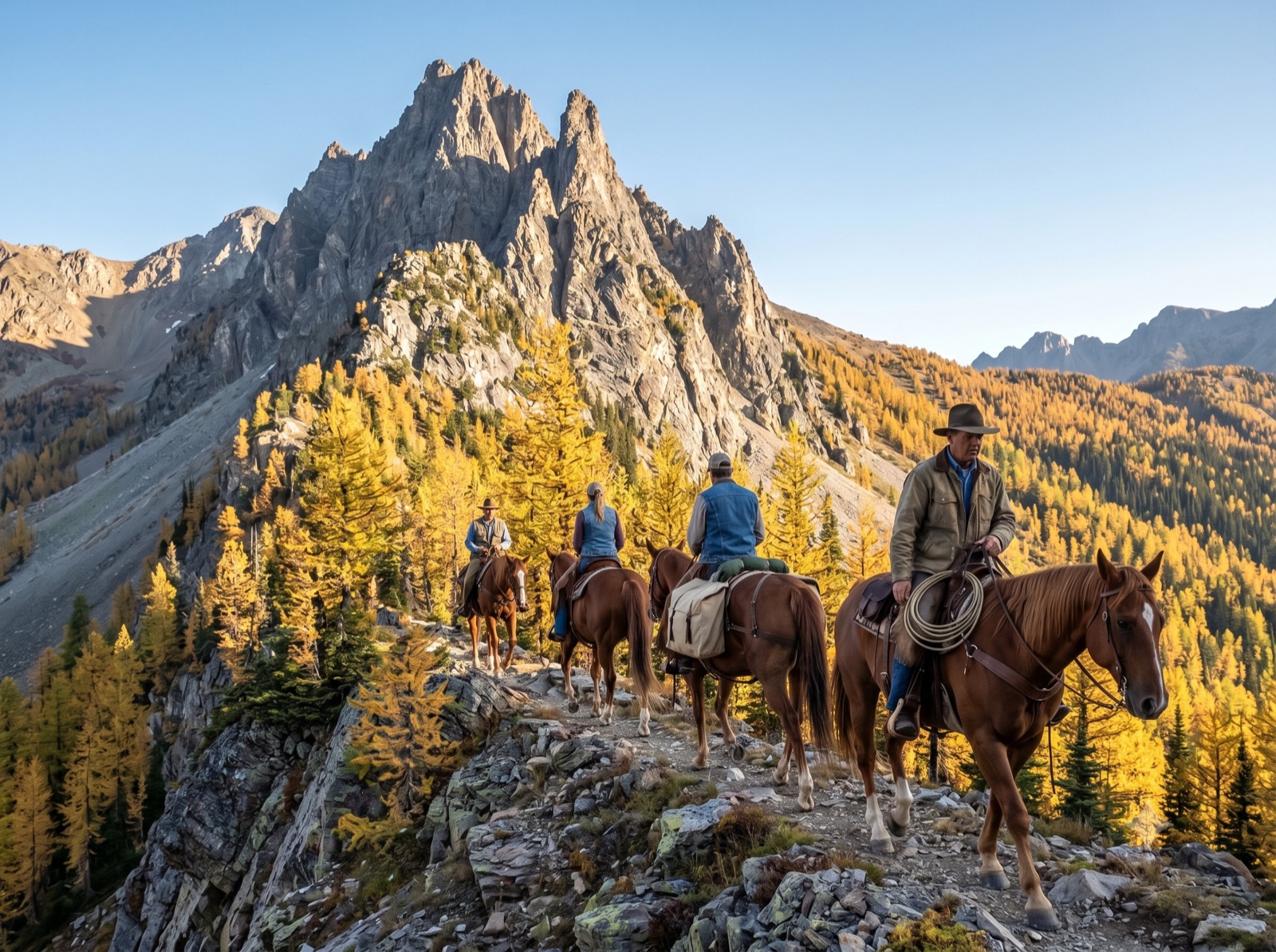 Riders crossing an alpine park on horseback with Glacier National Park peaks rising in the distance