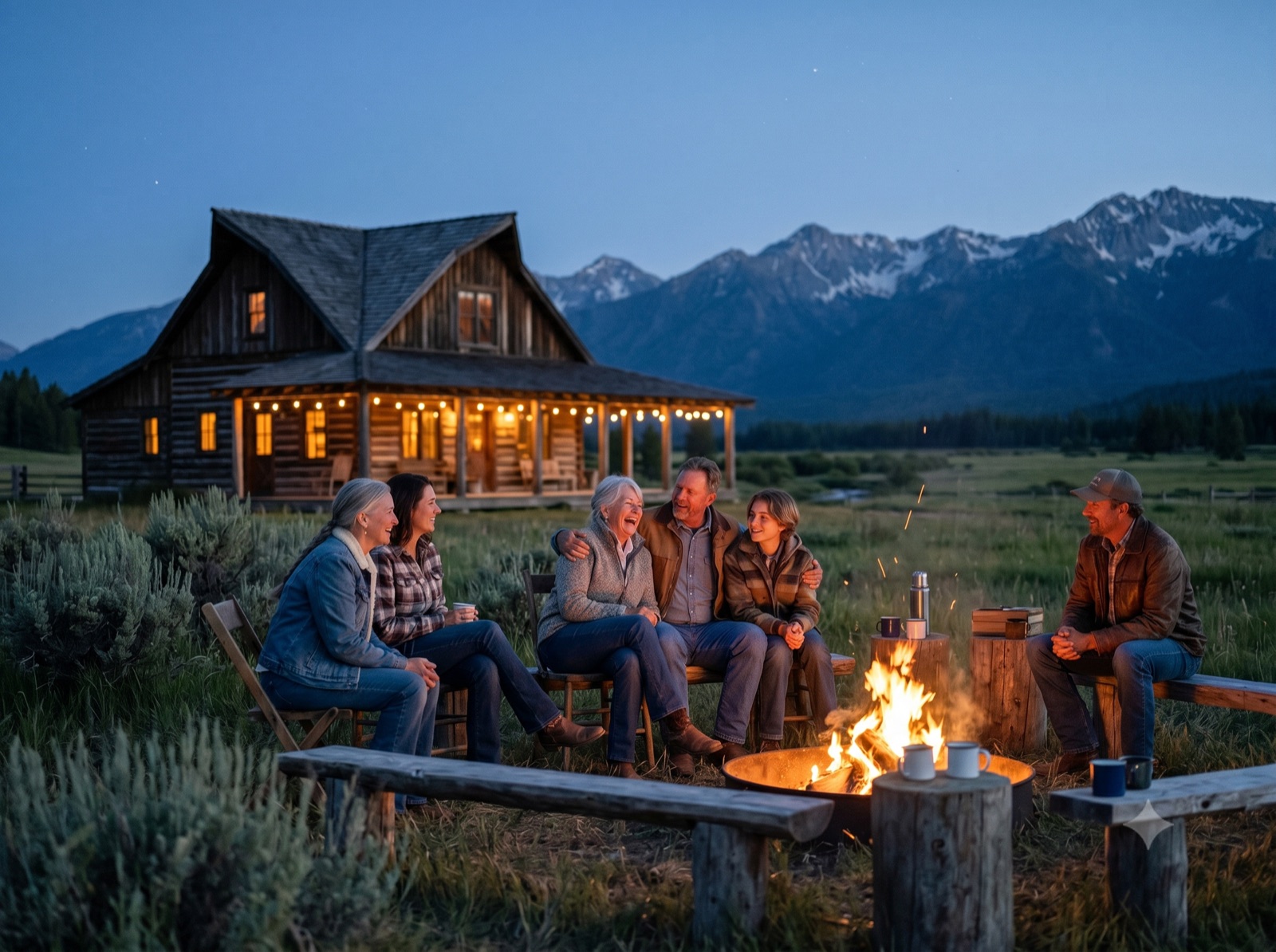 A group gathered around the long table in the Beargrass Ranch lodge great room during a retreat, fireplace lit and valley beyond