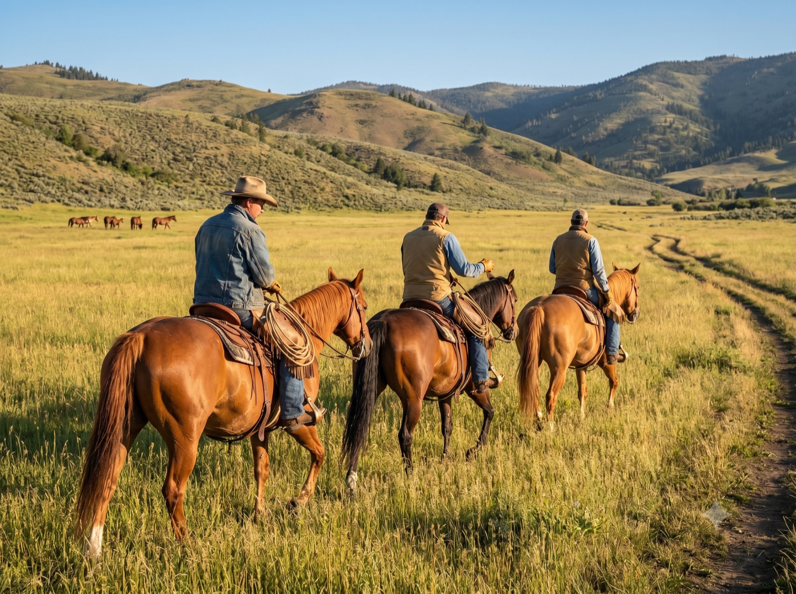 Riders on ranch horses climbing a timbered trail above the hay meadows at Beargrass Ranch in the Flathead Valley