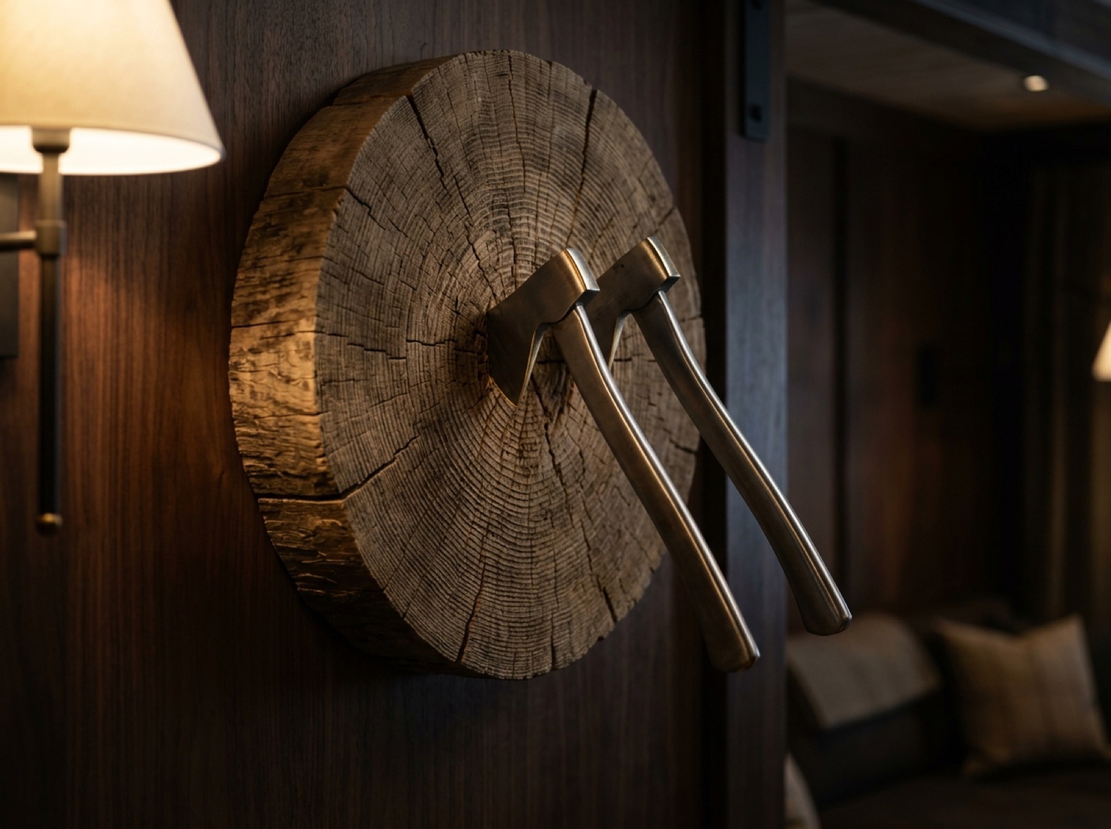 Steel throwing hatchets buried in an end-grain wood target in the lodge rec room