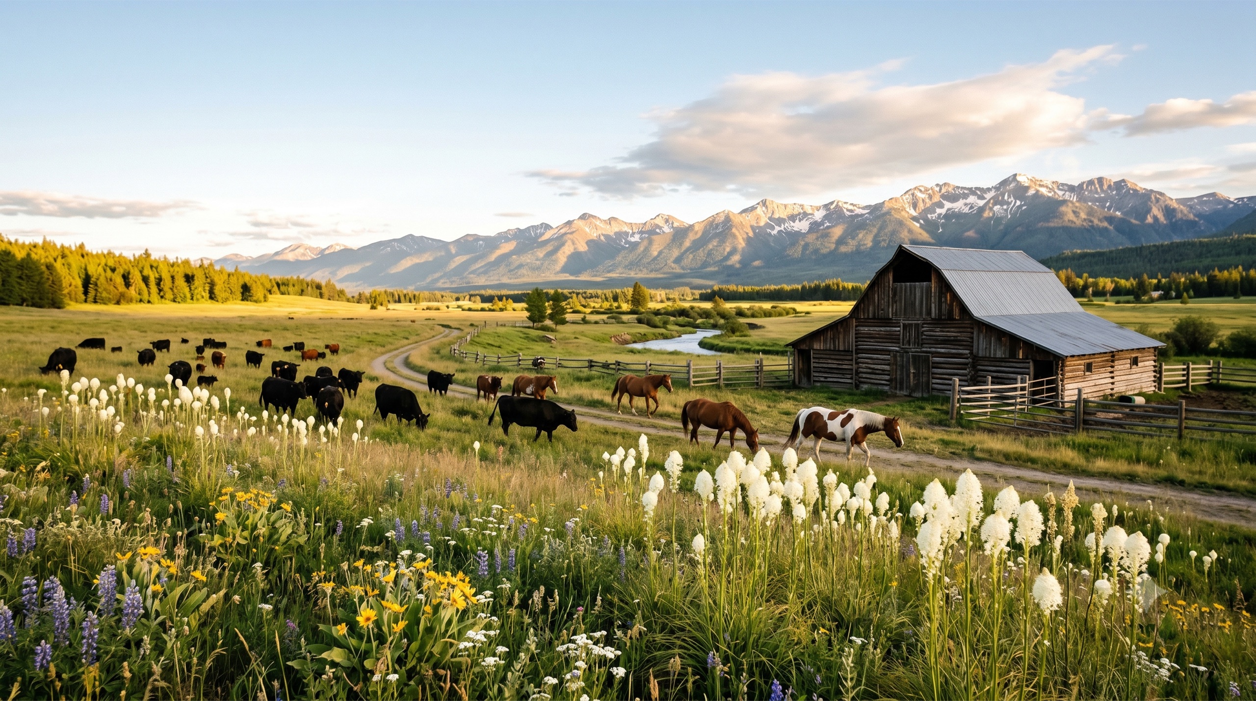 Cattle and horses on a Montana ranch meadow at golden hour beneath the Whitefish Range