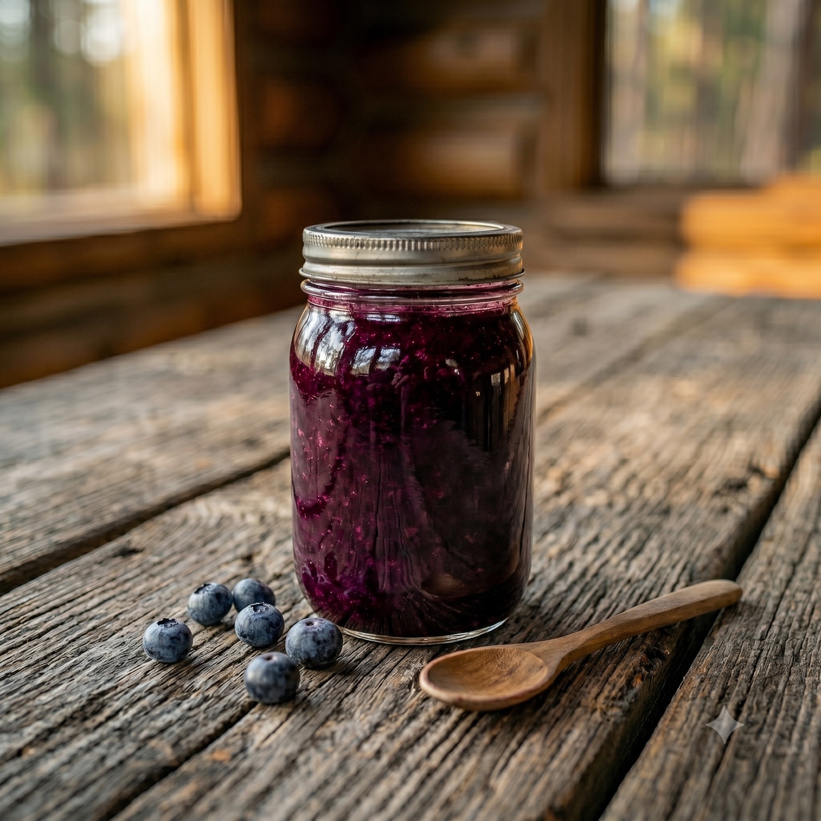 Jar of wild huckleberry preserves with a hand-lettered label beside fresh biscuits in a Montana ranch kitchen