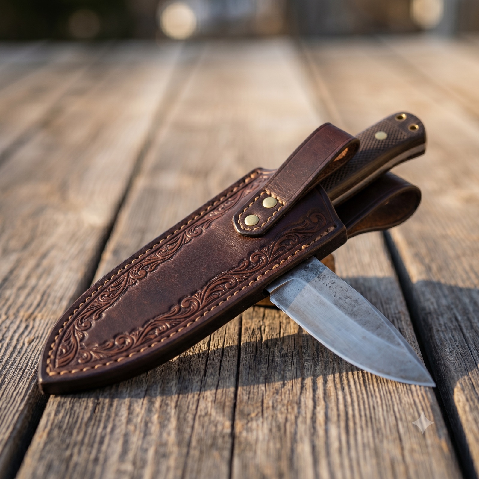 Hand-stitched full-grain leather belt knife sheath holding a fixed-blade knife, on a Montana workbench