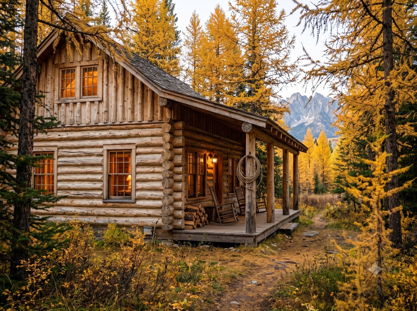 A peeled-log cabin with a covered porch set among larch trees at Beargrass Ranch, woodsmoke rising against the Montana timber
