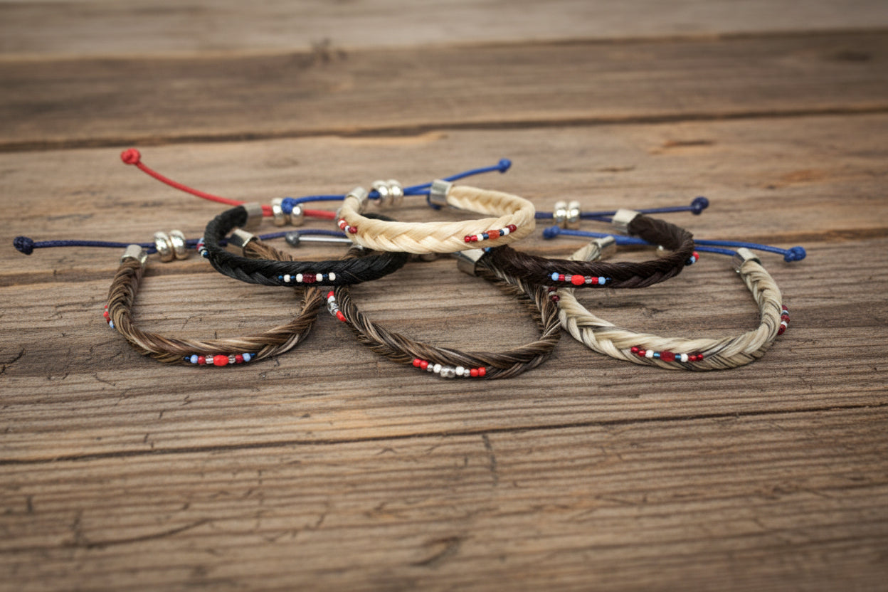 Liberty hand-braided horsehair adjustable bracelet on a wrist