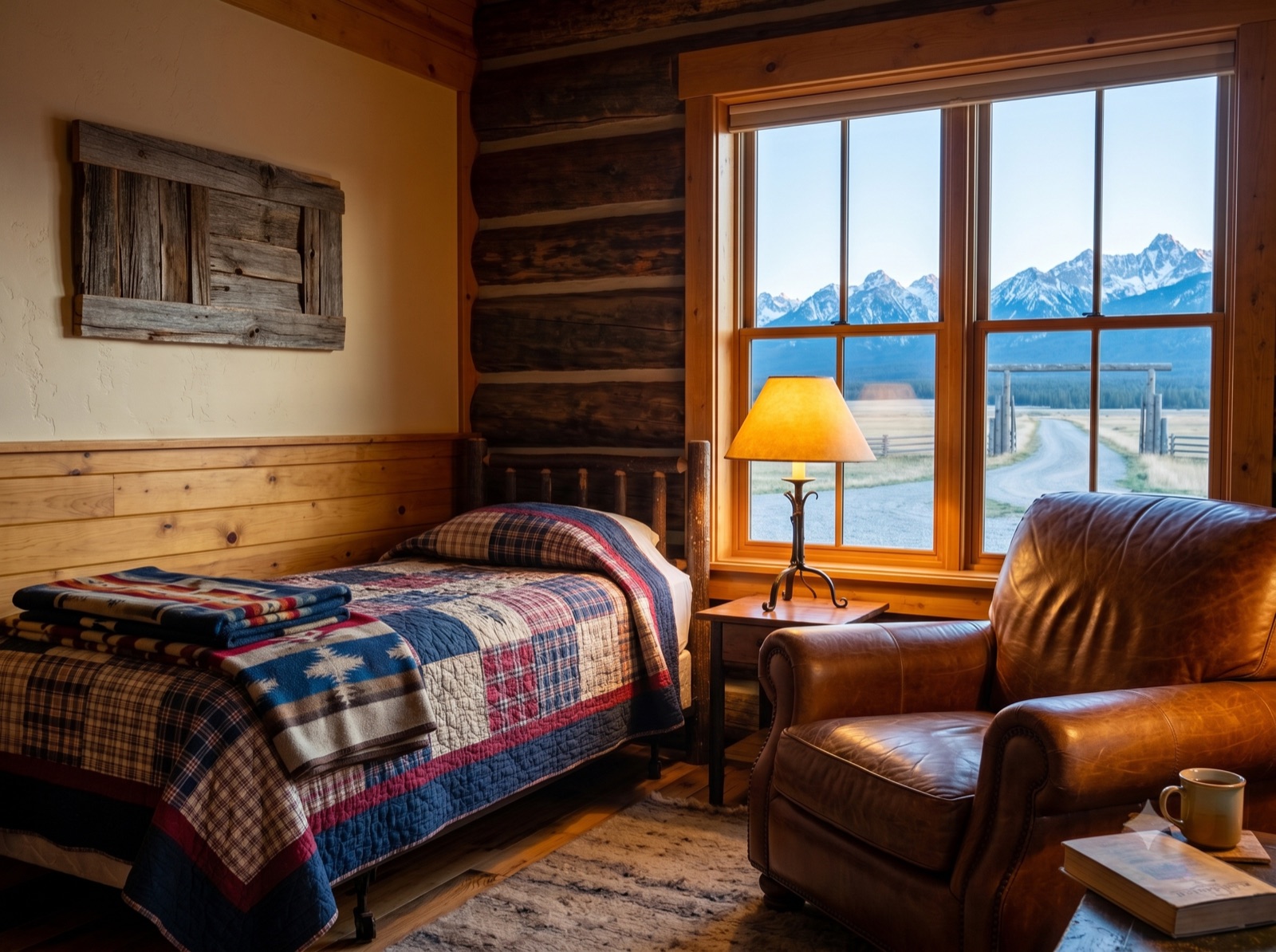 A warm wood-paneled guest room in the main lodge at Beargrass Ranch, wool blankets on the bed and a window framing the Montana mountains