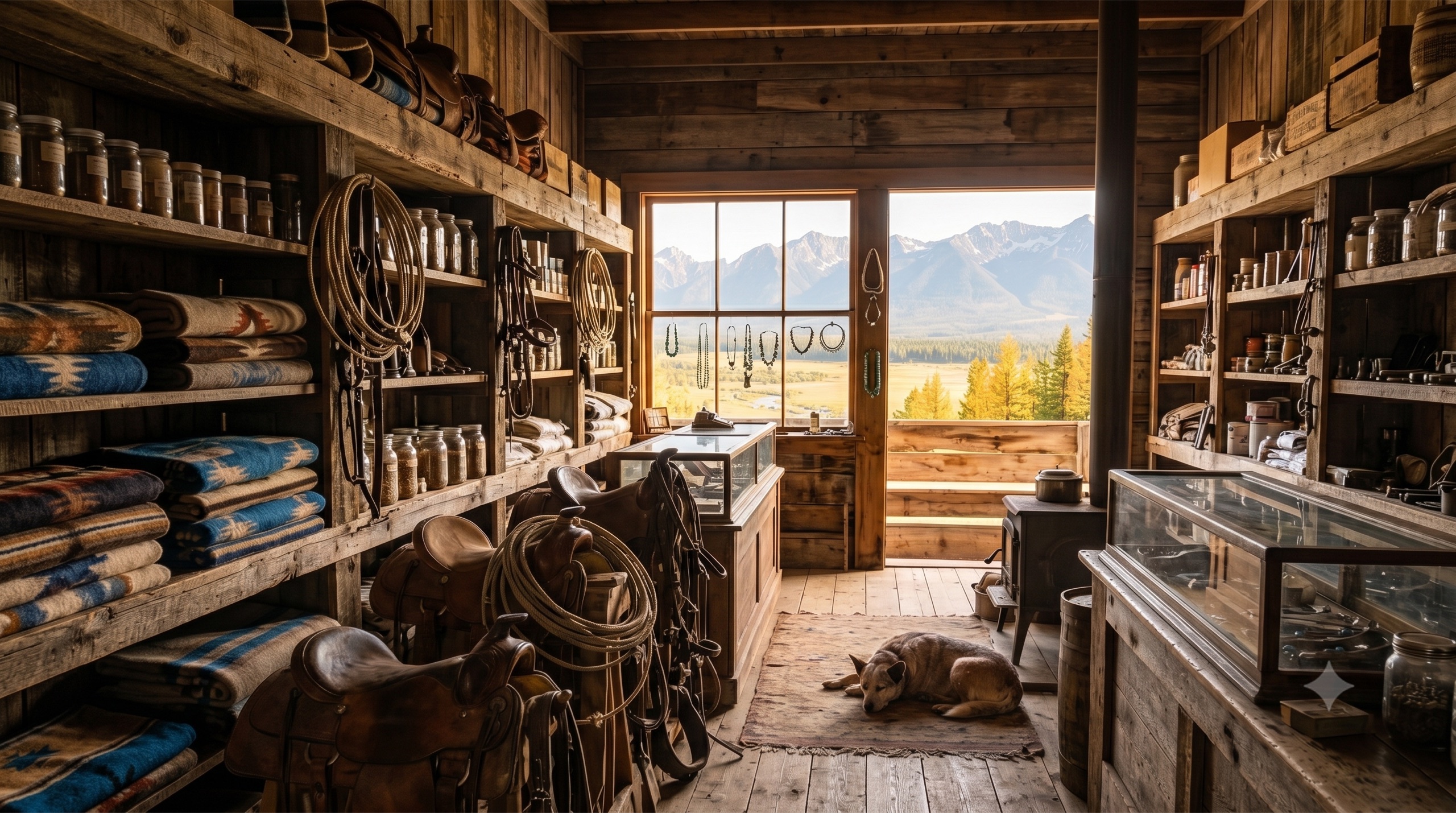 The Beargrass Ranch Mercantile interior — shelves of leather, wool, knives, and ranch foods in a timber-framed room with Flathead Valley light