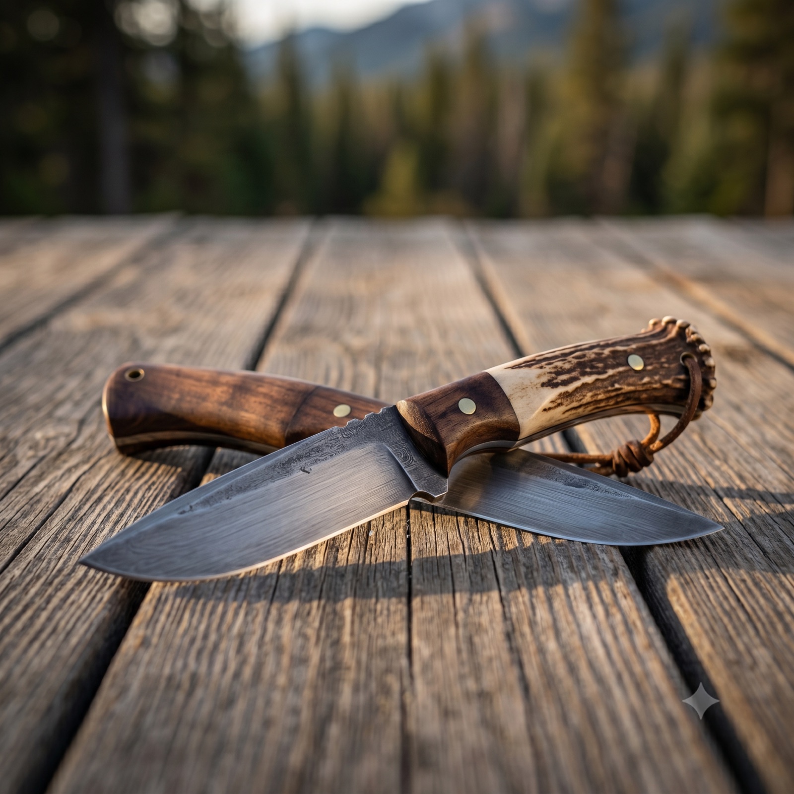 Hand-forged North Fork Hunter fixed-blade knife with antler handle resting on weathered larch wood in Montana