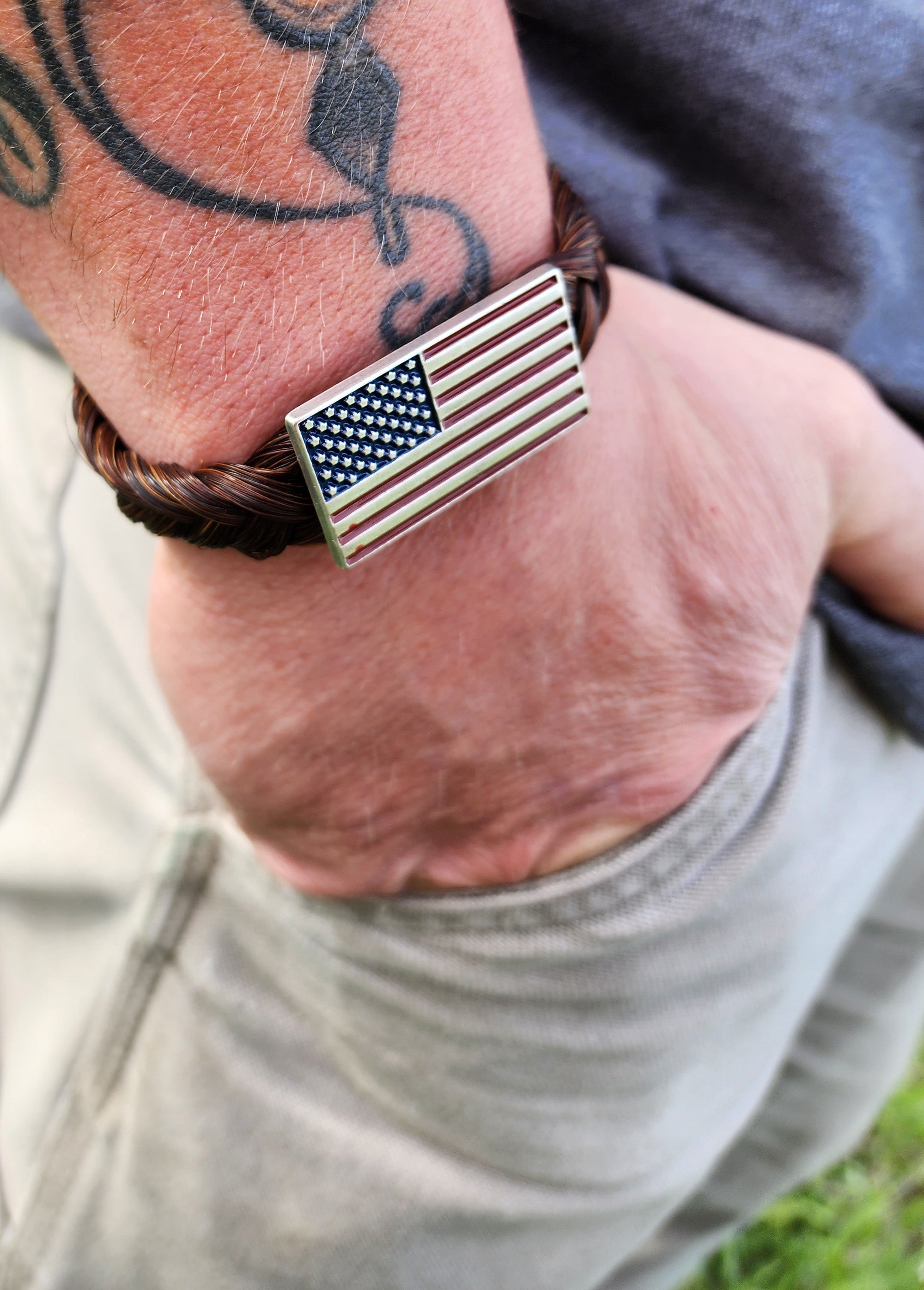 Red, white, and blue horsehair Patriot bolo tie with silver tips