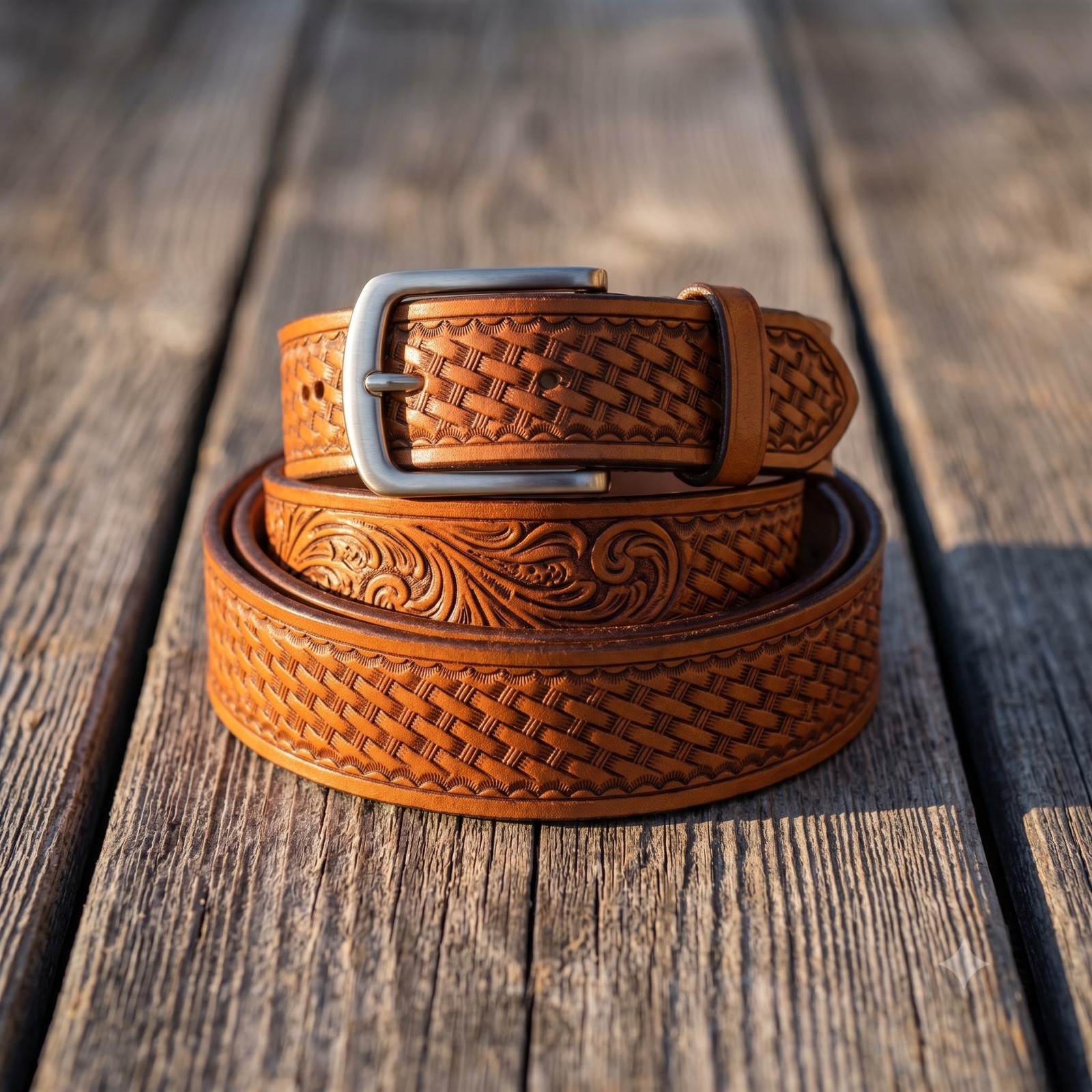 Hand-tooled full-grain leather Ranch Belt with brass buckle and beargrass plume stamping, on a Montana workbench