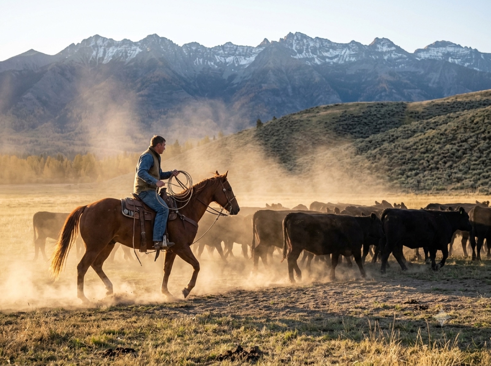 A rider moving black Angus cattle across a hay meadow at Beargrass Ranch with the Whitefish Range behind