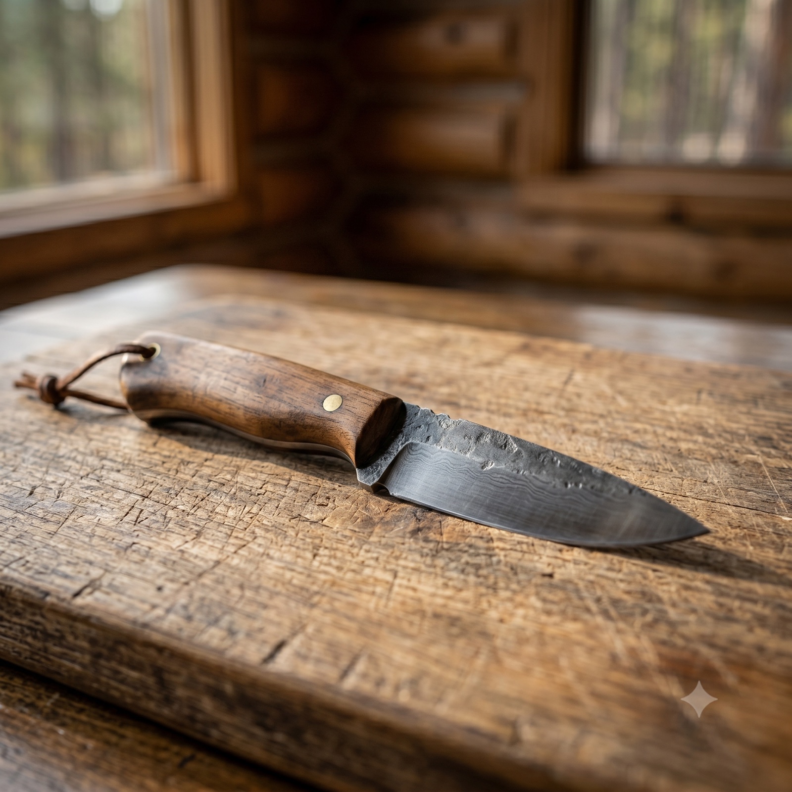 Hand-forged Ranch Paring Knife with stabilized birch handle on a wooden cutting board in a Montana ranch kitchen