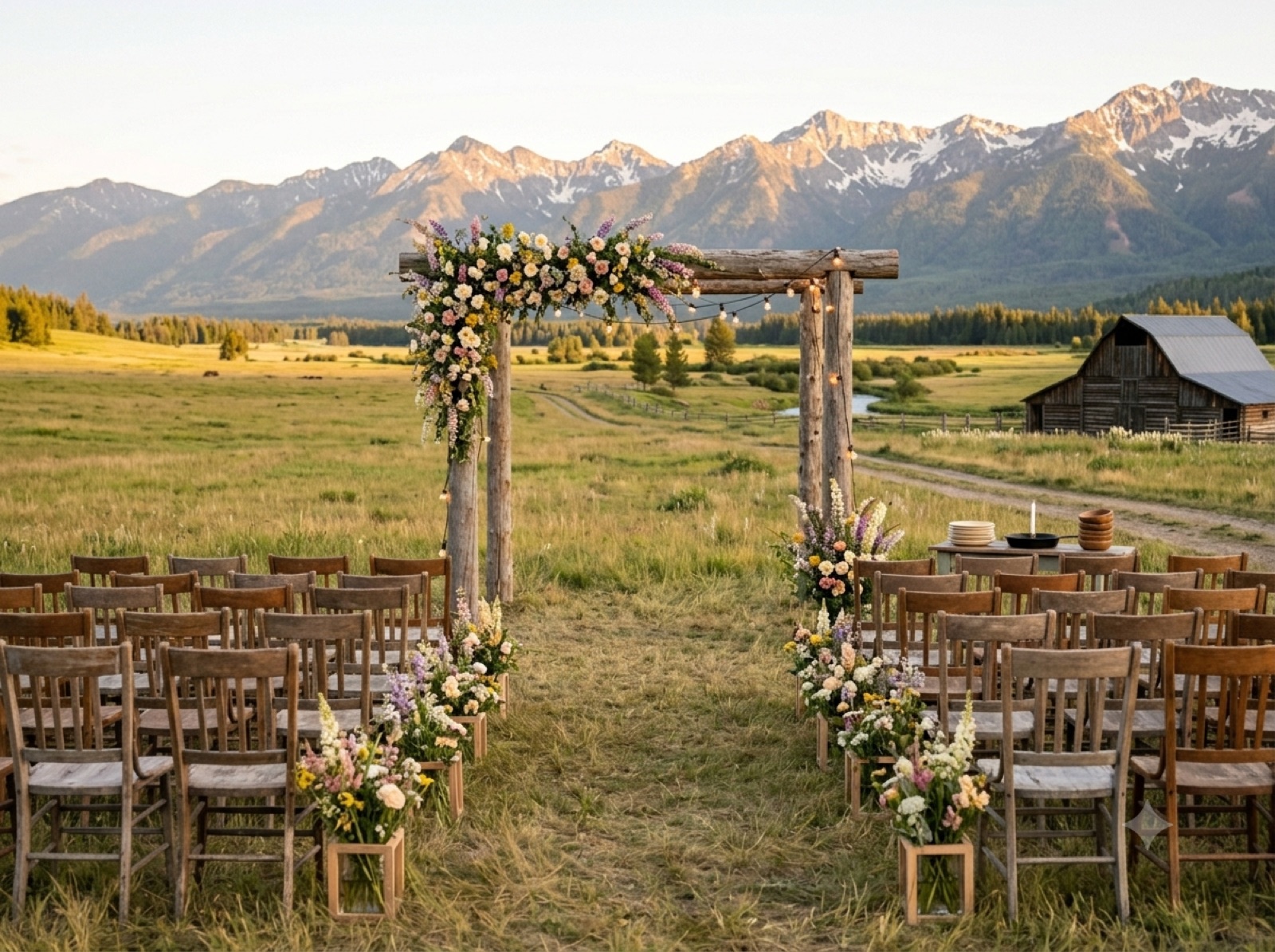 A summer wedding ceremony in the high beargrass meadow at Beargrass Ranch with the Whitefish Range behind