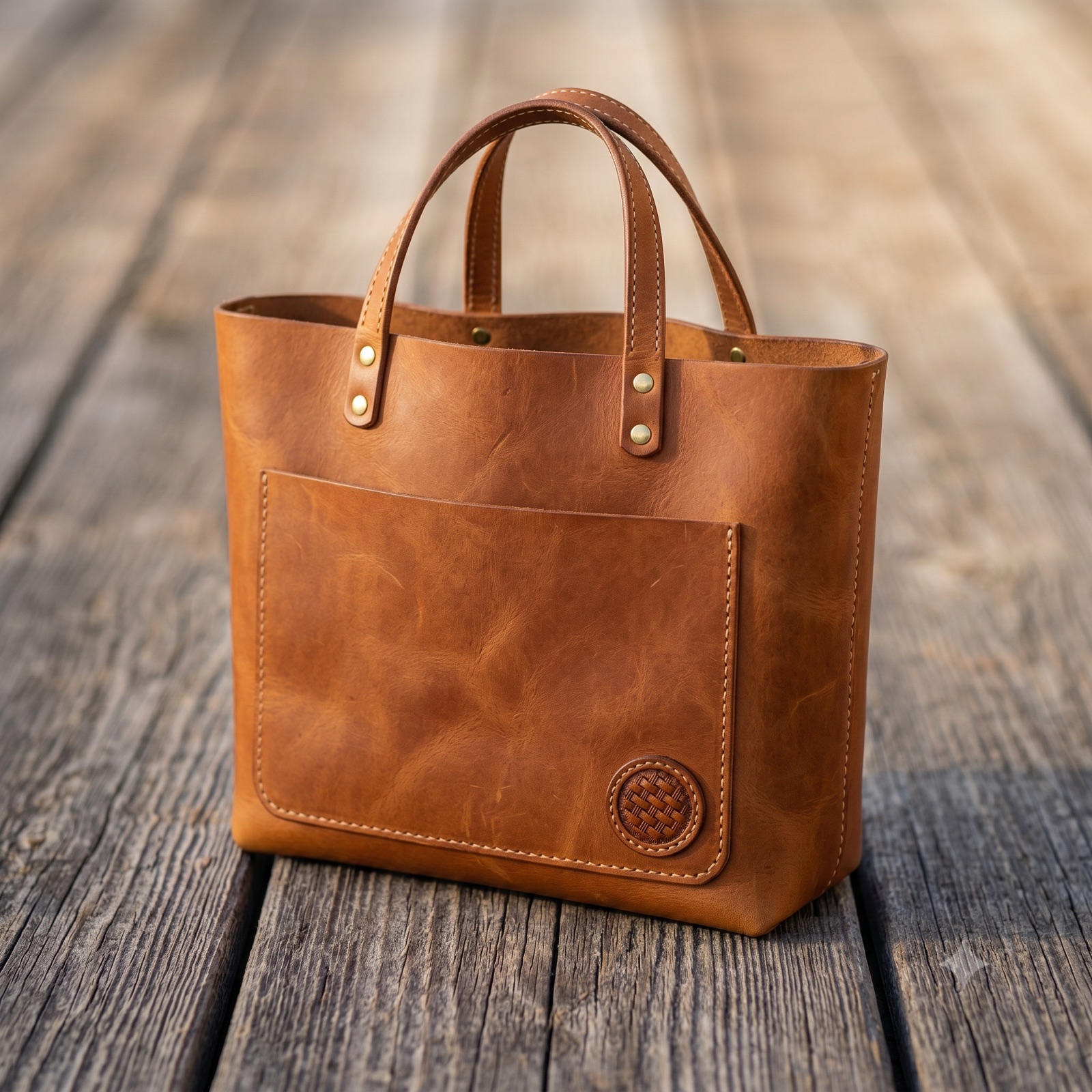 Hand-stitched full-grain leather Saddlebag Tote with tooled beargrass flap, leaning against a wooden post in Montana light