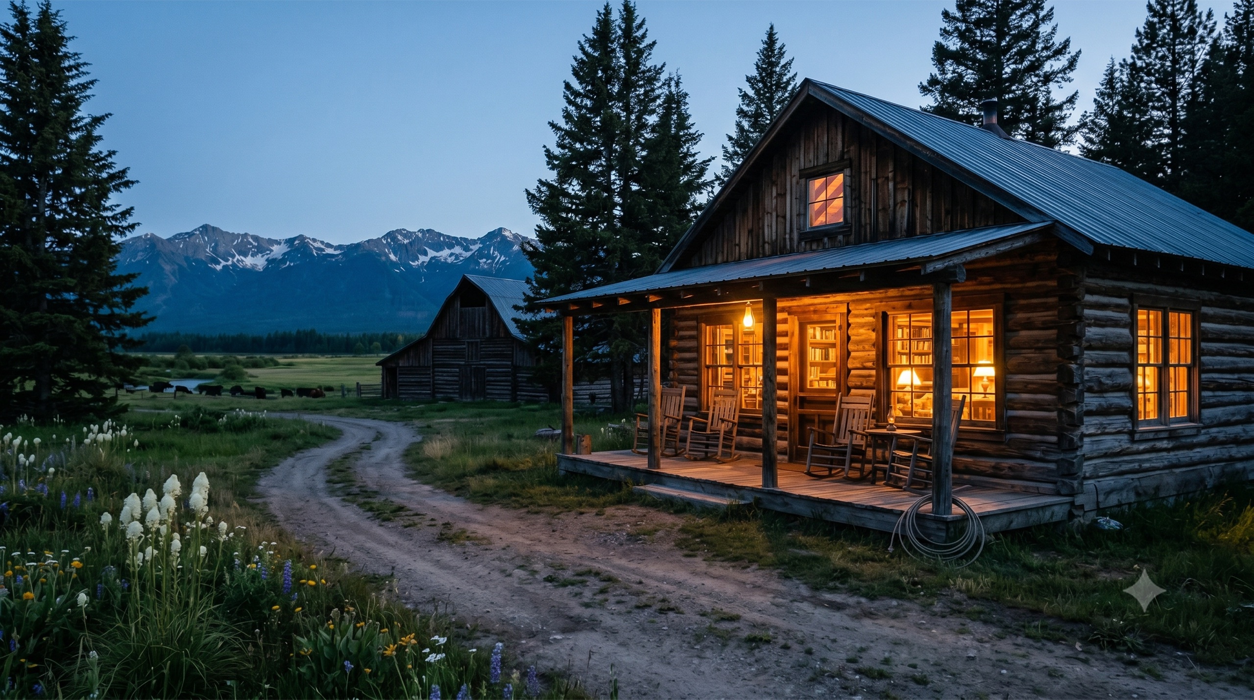 Lamplit windows of the main lodge at dusk, the Whitefish Range fading blue behind the hay meadows at Beargrass Ranch
