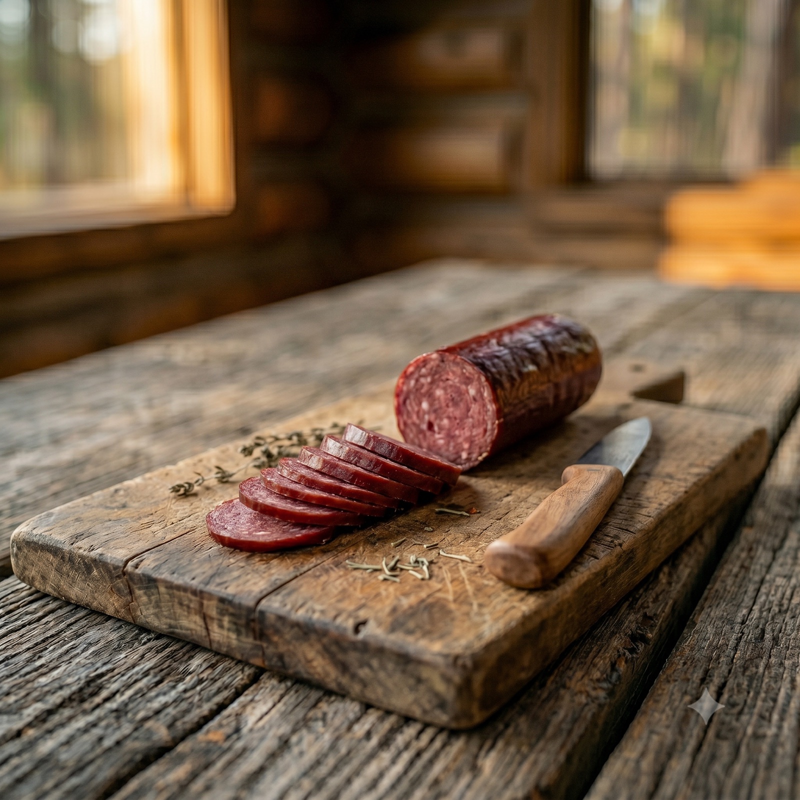 Smoked Ranch Summer Sausage sliced on a wooden board in a Montana ranch kitchen