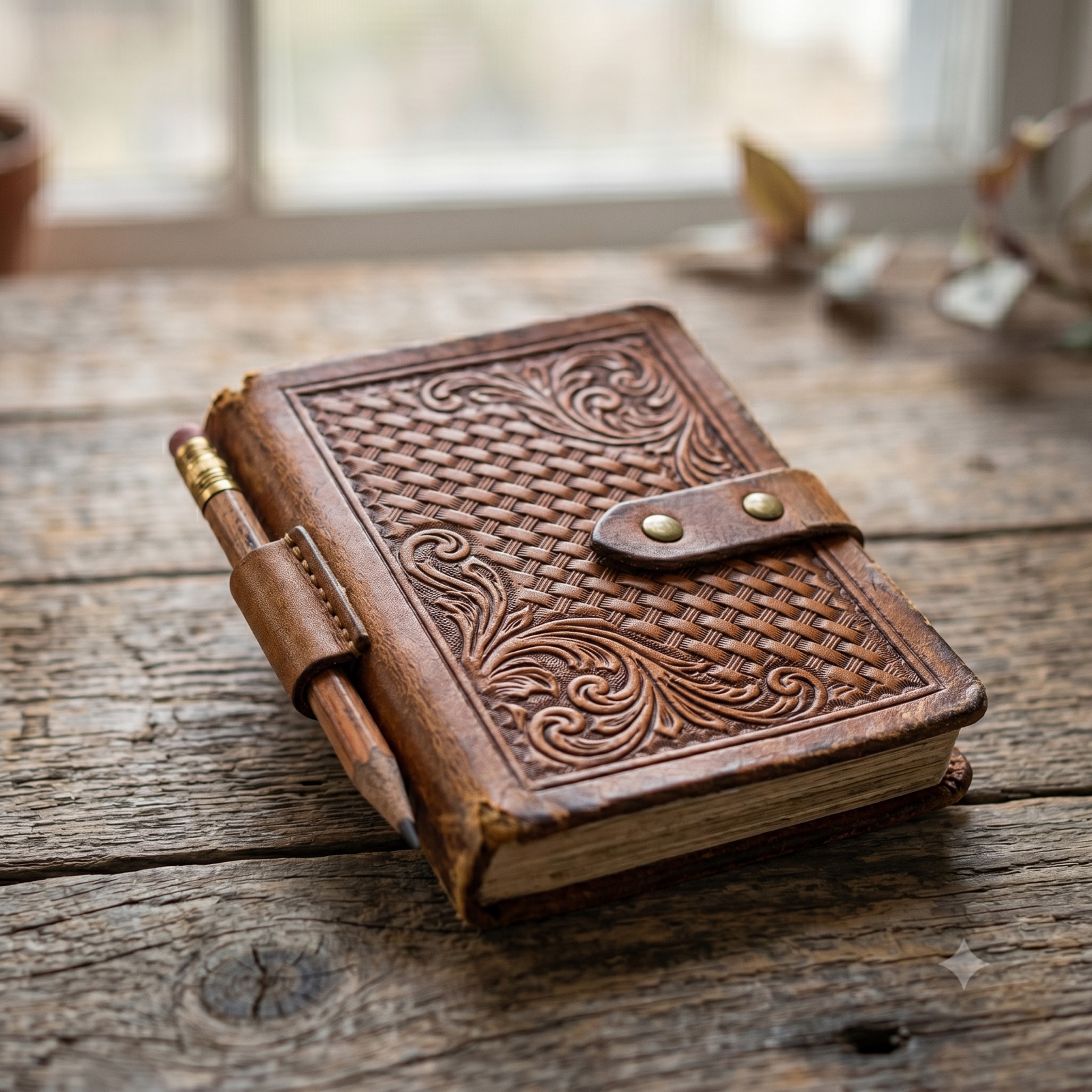 Hand-tooled leather Tally-Book Journal with a pencil loop and beargrass stamping, resting on a fence rail in Montana