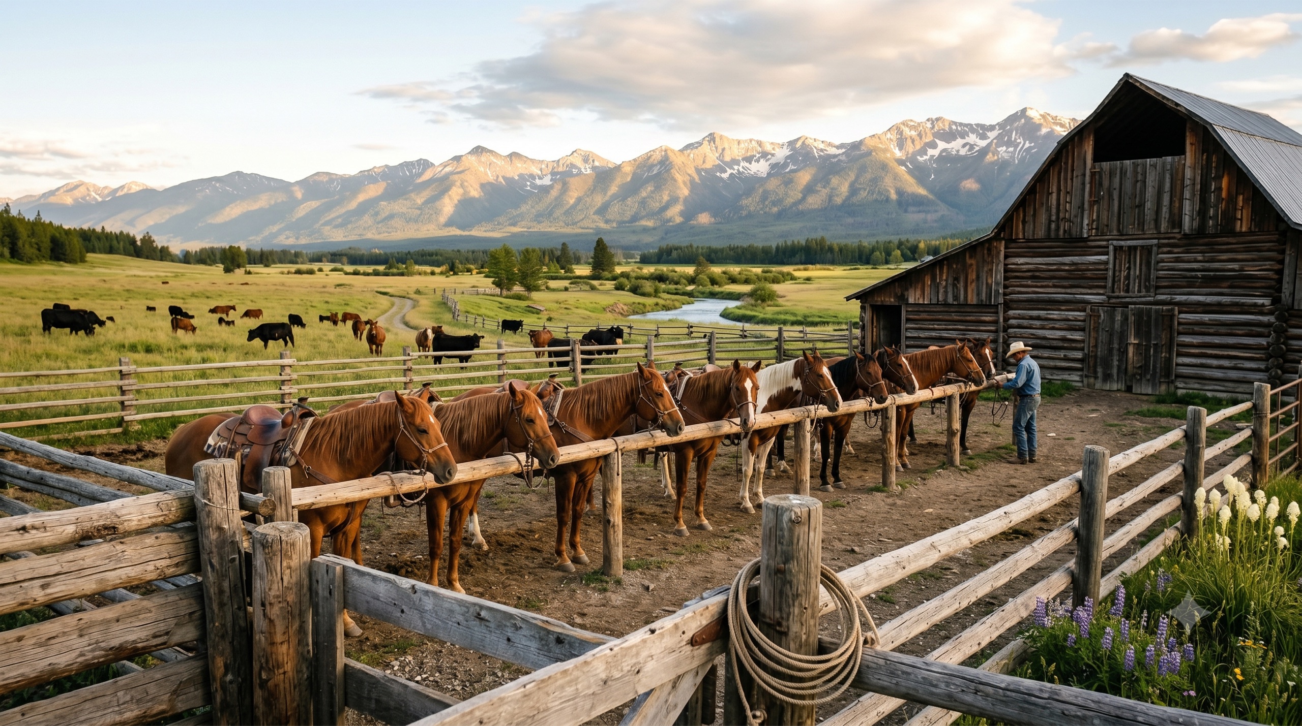 Beargrass Ranch hay meadows and weathered outbuildings spread along the valley floor beneath the snow-streaked peaks of the Whitefish Range