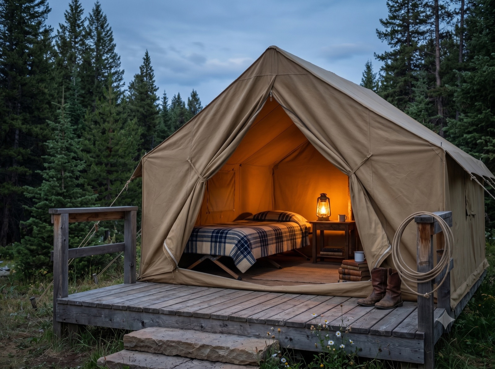 A canvas wall tent glowing with lantern light on a cedar platform in a river meadow at Beargrass Ranch, the Whitefish Range behind