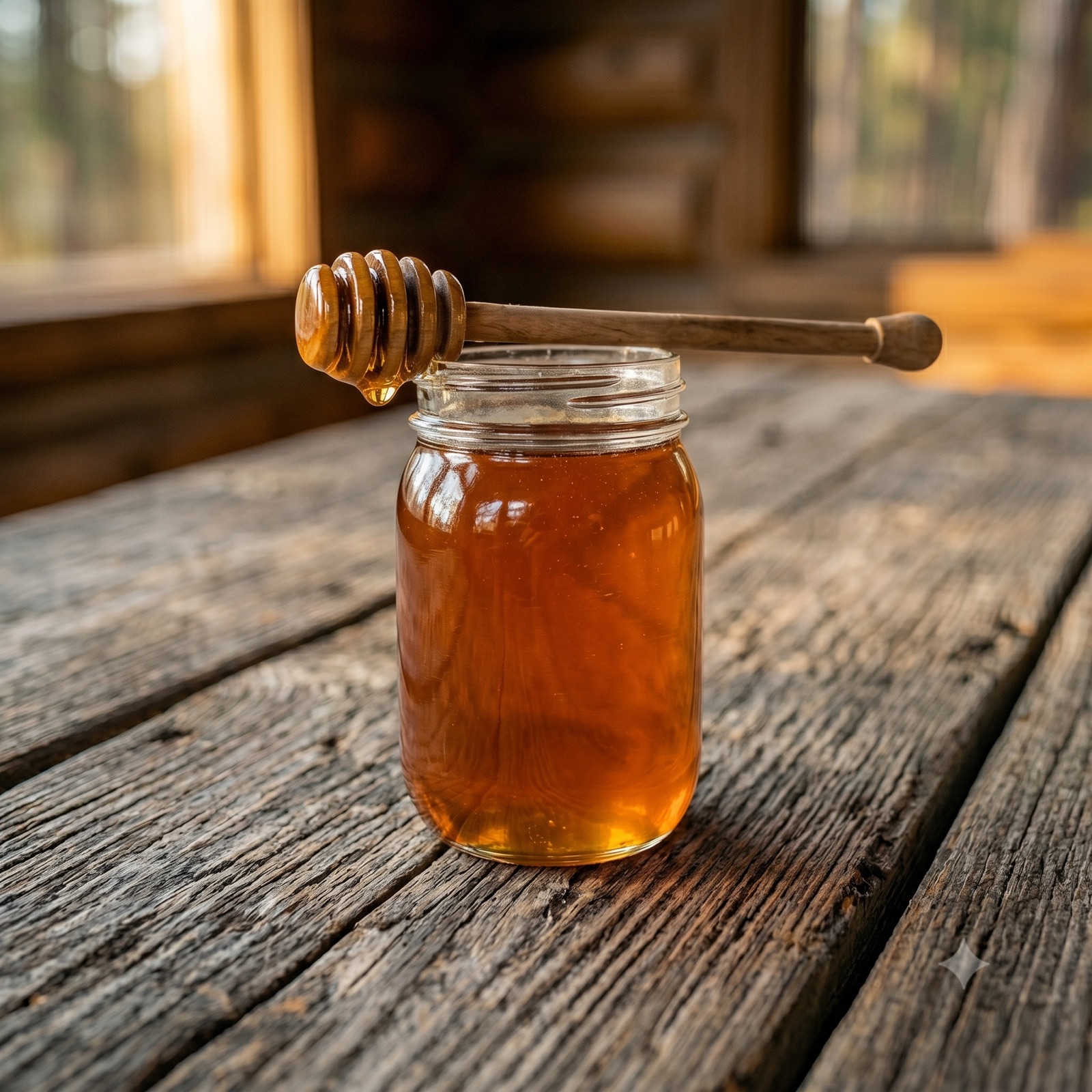 Jar of raw wildflower honey with a hand-lettered label on a Montana ranch kitchen table