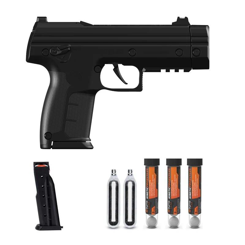 Black Byrna LE kit, launcher, magazine, CO2 cartridges and kinetic projectiles