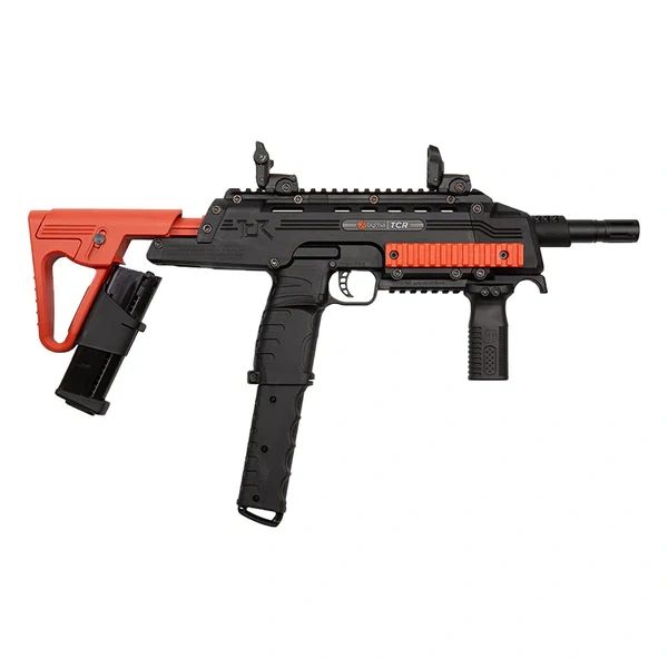 Byrna TCR (Tactical Compact Rifle), orange and black, with folding stock and magazines