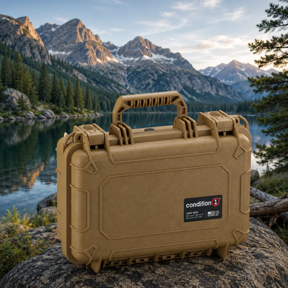 Tan Condition 1 hard case on a rock beside a mountain lake