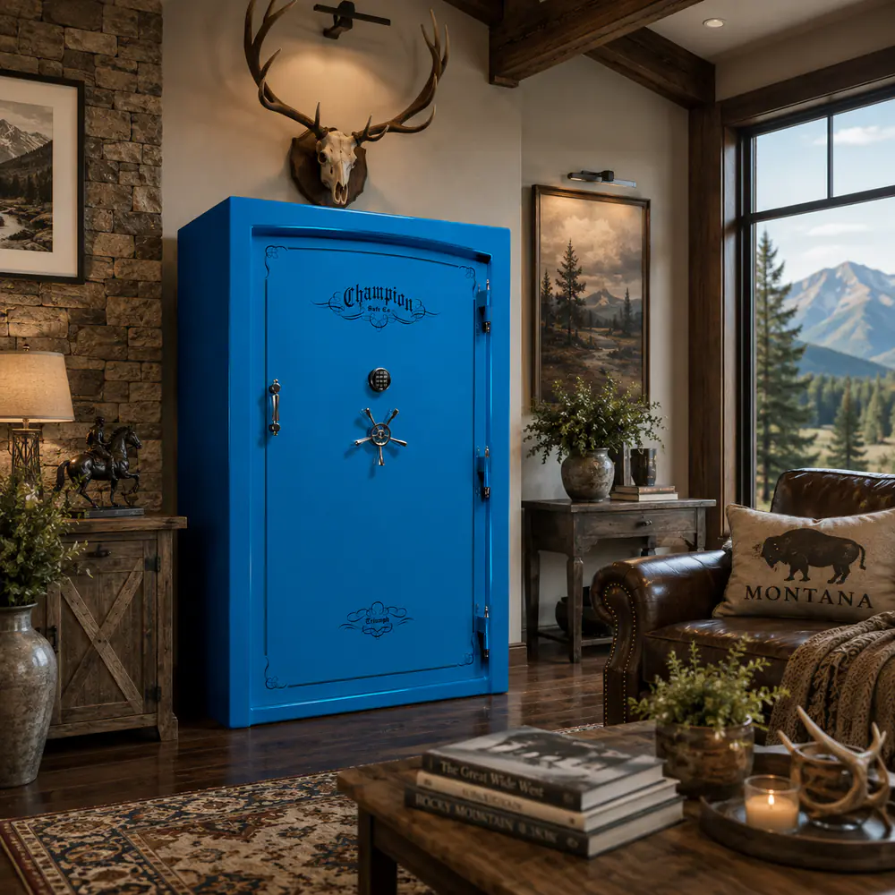 Blue Champion safe in a rustic living room