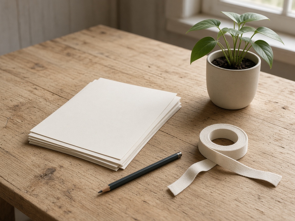 A quiet work table with paper, a pencil, and a small plant